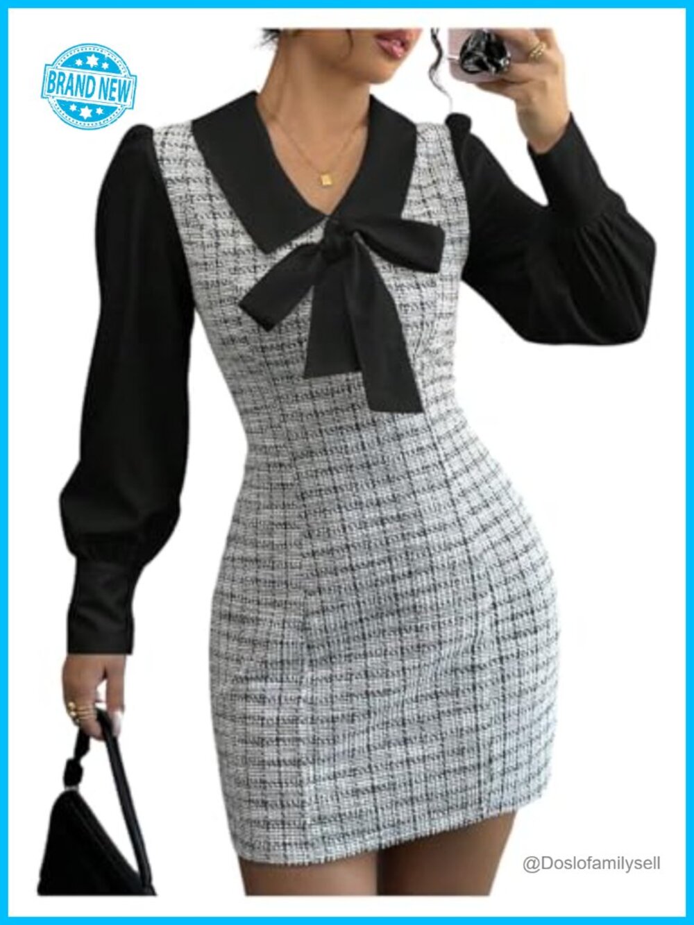 Plaid Tweed Mini Dress Bow Front Lantern Long Sleeve Bodycon